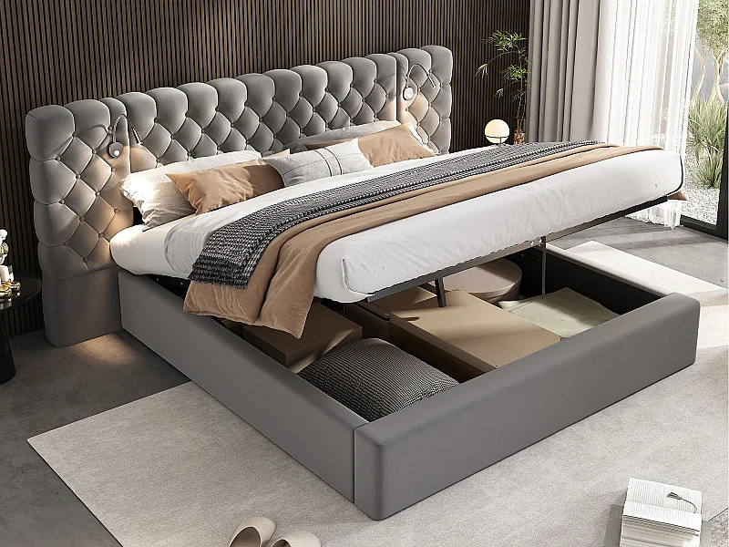 Gepolstertes Stauraumbett 160x200 cm in Samt – mit Leselampe und Lattenrost – Grau