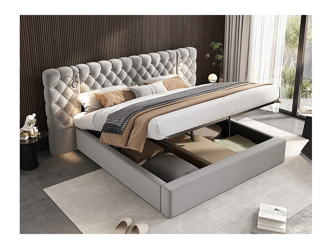 Letto contenitore imbottito 160x200 cm in velluto - con lampada da lettura e rete a doghe - Grigio