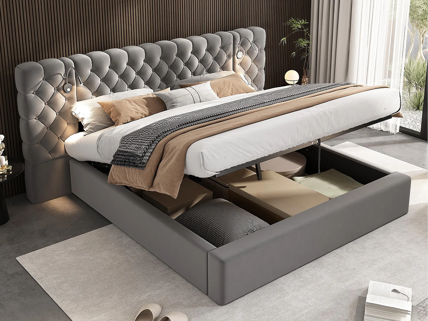 Lit coffre rembourré 160x200 cm en velours - avec lampe de lecture et sommier à lattes - Gris