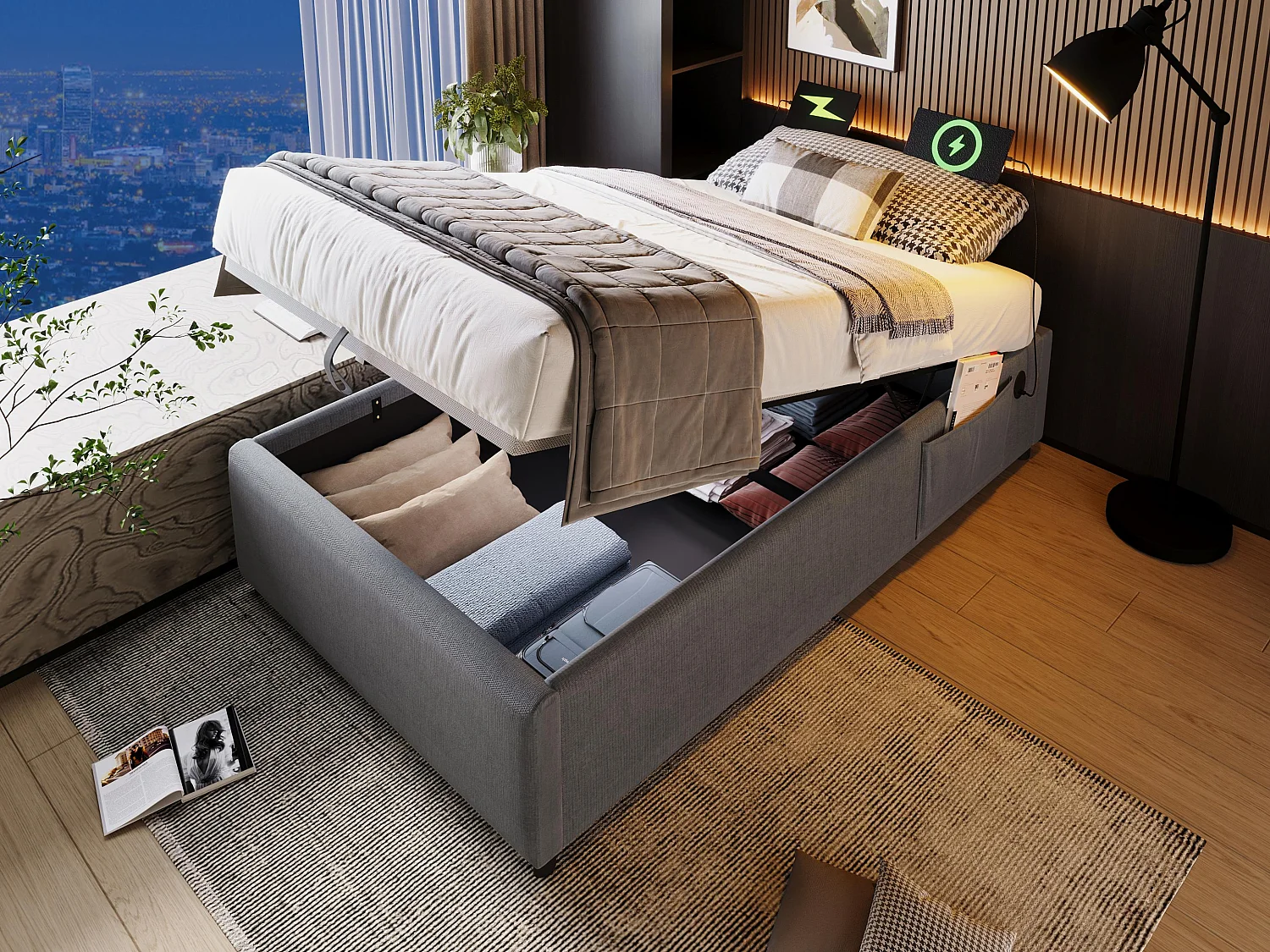 Lit coffre rembourré 90×200cm - tissu en lin - avec prises de recharge et sommier à lattes - Gris