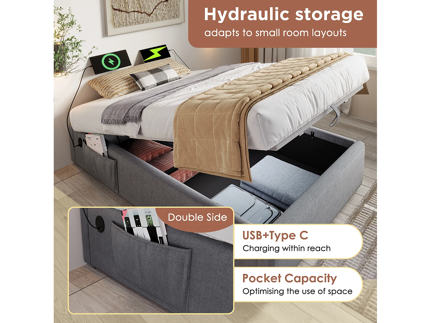Lit coffre rembourré 90×200cm - tissu en lin - avec prises de recharge et sommier à lattes - Gris