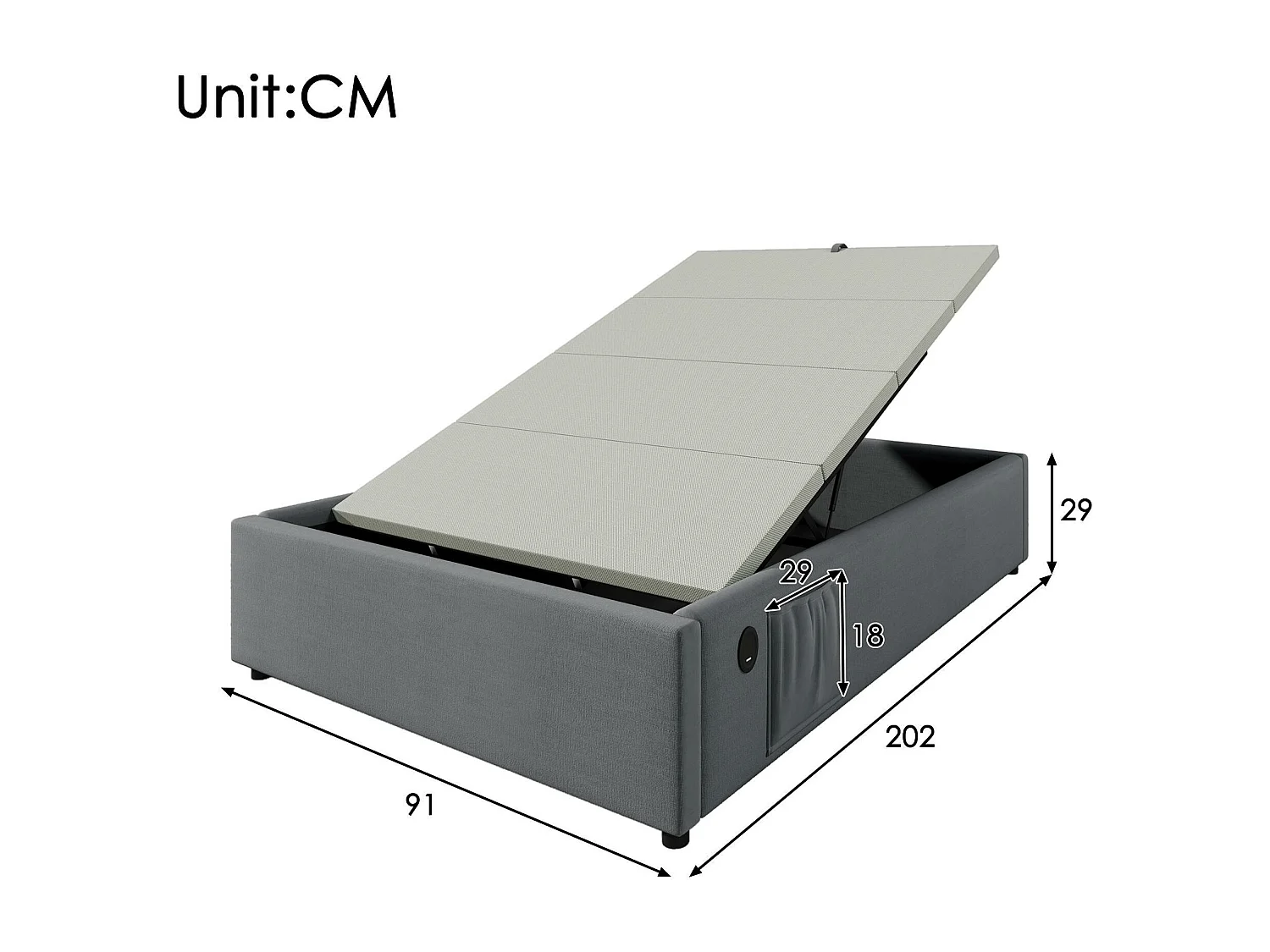 Lit coffre rembourré 90×200cm - tissu en lin - avec prises de recharge et sommier à lattes - Gris