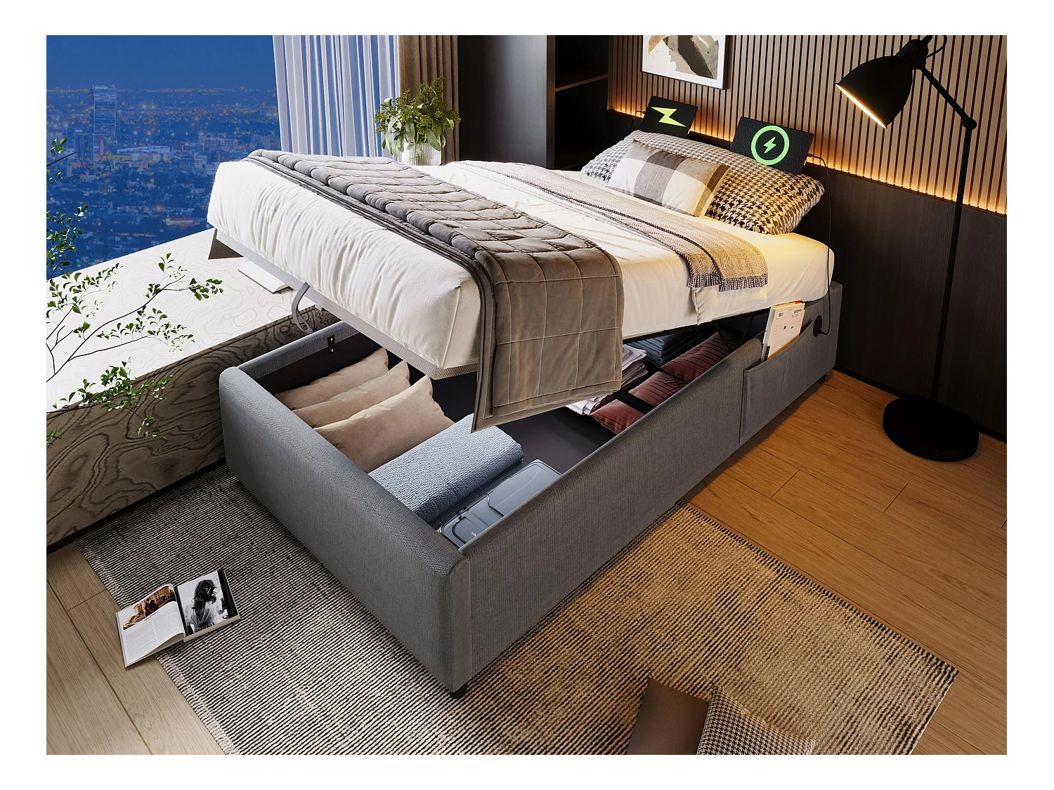 Lit coffre rembourré 90×200cm - tissu en lin - avec prises de recharge et sommier à lattes - Gris
