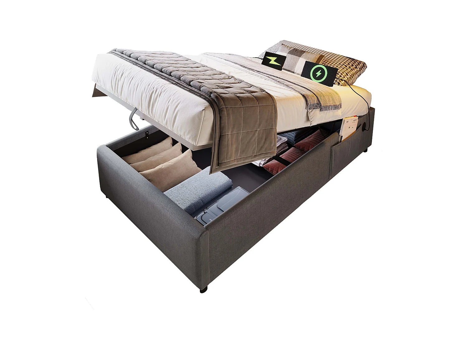 Cómoda cama tapizada 90×200 cm - tela de lino - con enchufes de carga y cojín de láminas - Gris