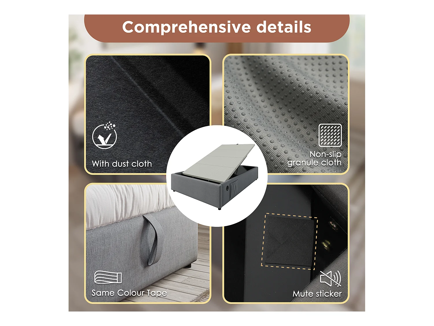 Cómoda cama tapizada 90×200 cm - tela de lino - con enchufes de carga y cojín de láminas - Gris