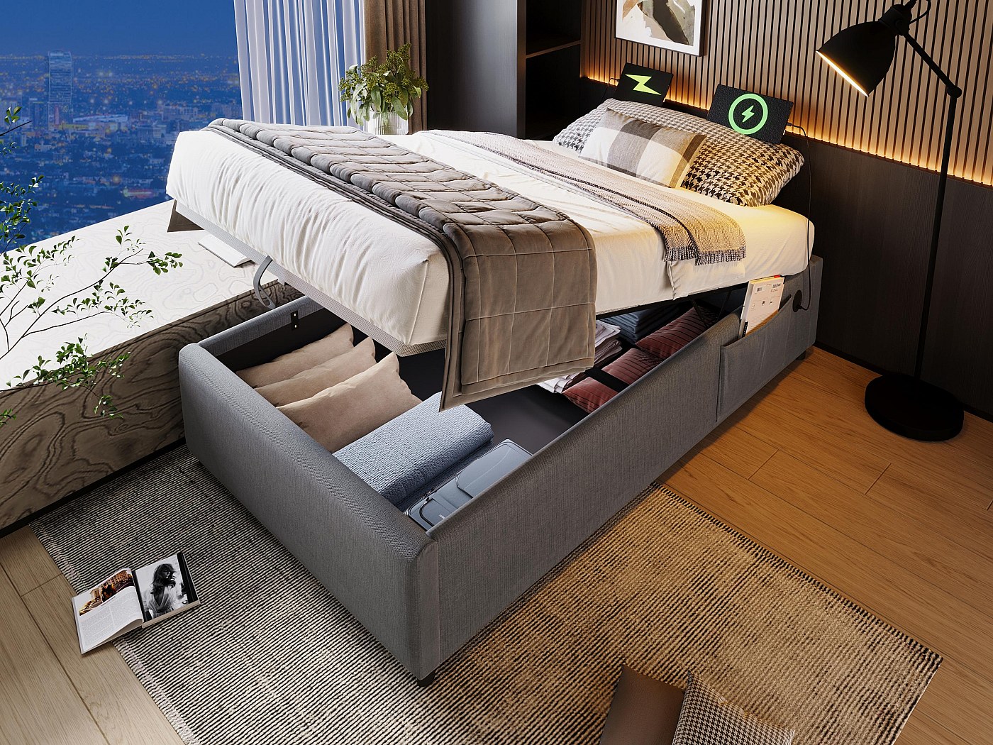 Letto cassapanca imbottito 90×200 cm - tessuto lino - con prese di ...