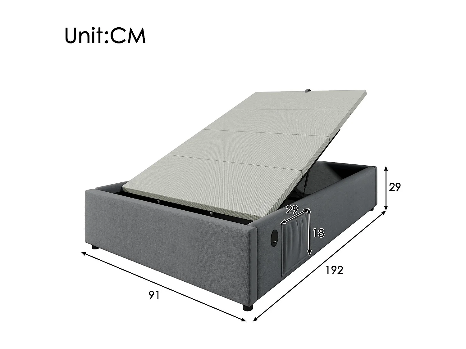 Bett gepolsterter Kofferraum 90×190 cm – Leinenstoff – mit Ladesteckdosen und Lattenrostkissen – Grau