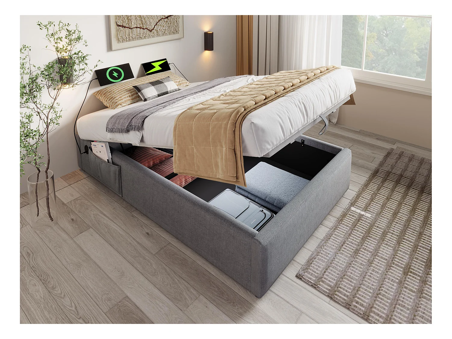 Lit coffre rembourré 90×190cm - tissu en lin - avec prises de recharge et sommier à lattes - Gris