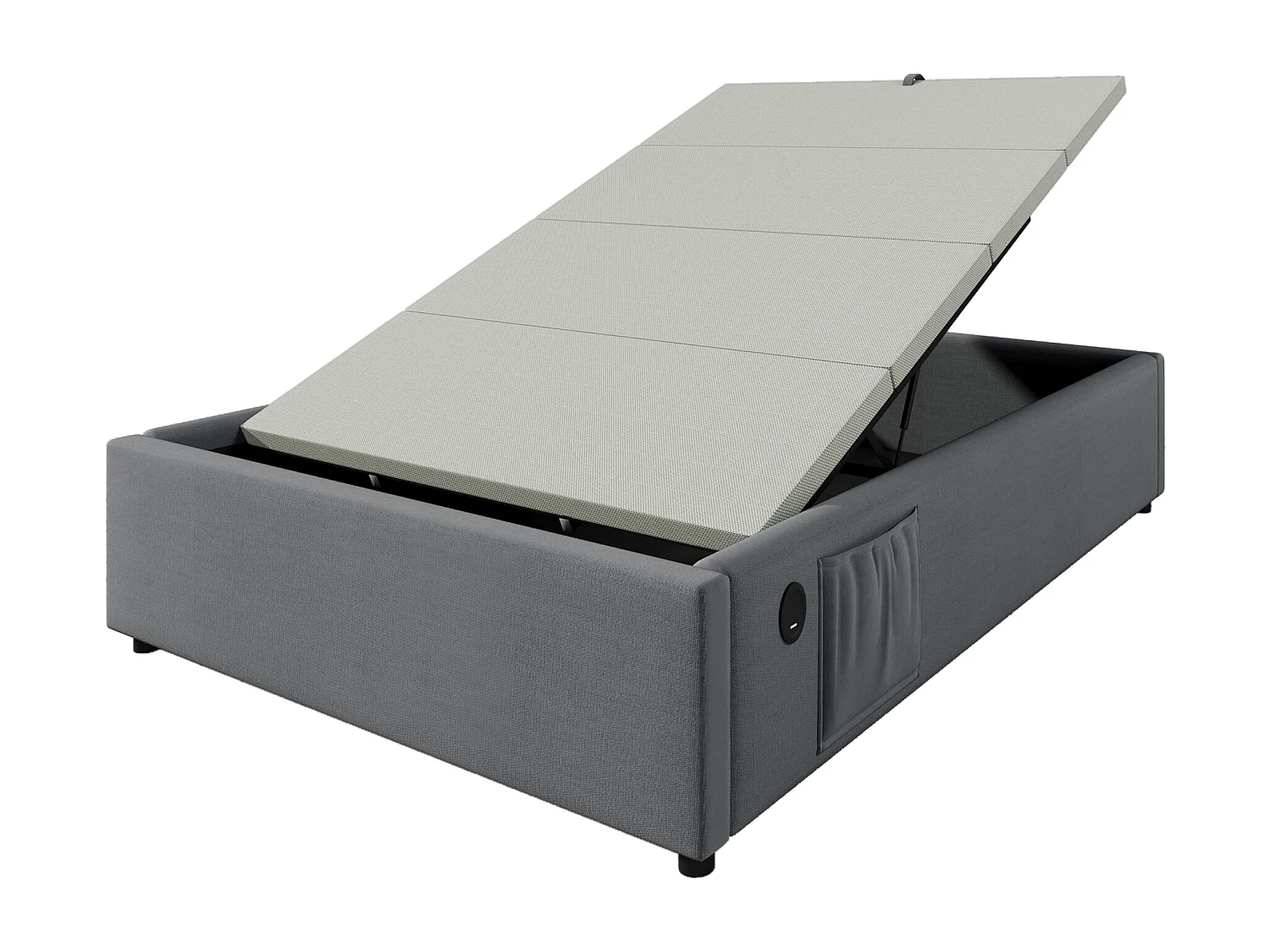 Lit coffre rembourré 90×190cm - tissu en lin - avec prises de recharge et sommier à lattes - Gris