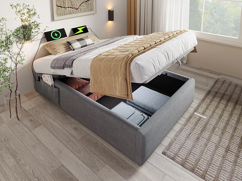 Bed gestoffeerde kofferbak 90×190cm - linnen stof - met oplaadaansluitingen en lattenbodemkussen - Grijs