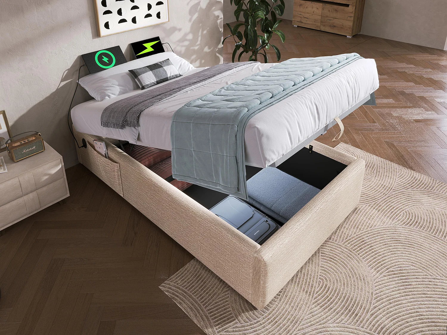 Gepolstertes Truhenbett 90×200 cm – Leinenstoff – mit Ladesteckdosen und Lattenrostkissen – Beige