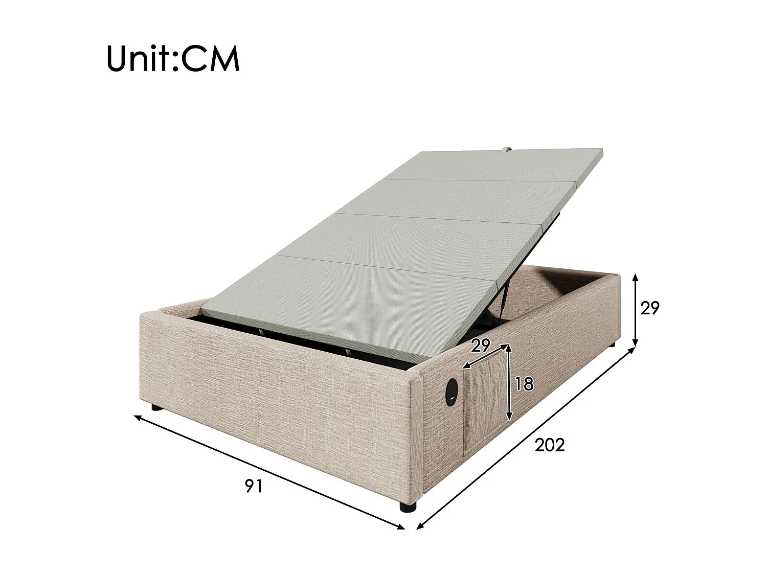 Gepolstertes Truhenbett 90×200 cm – Leinenstoff – mit Ladesteckdosen und Lattenrostkissen – Beige