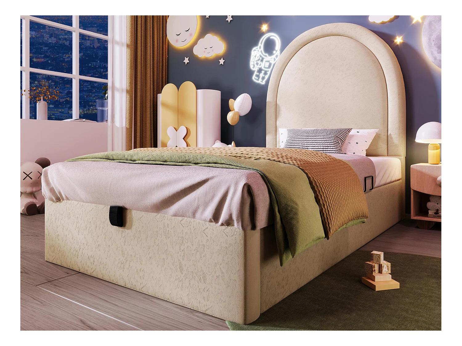 Lit enfant rembourré en similicuir à motifs - 90x190cm - avec rangement - Beige