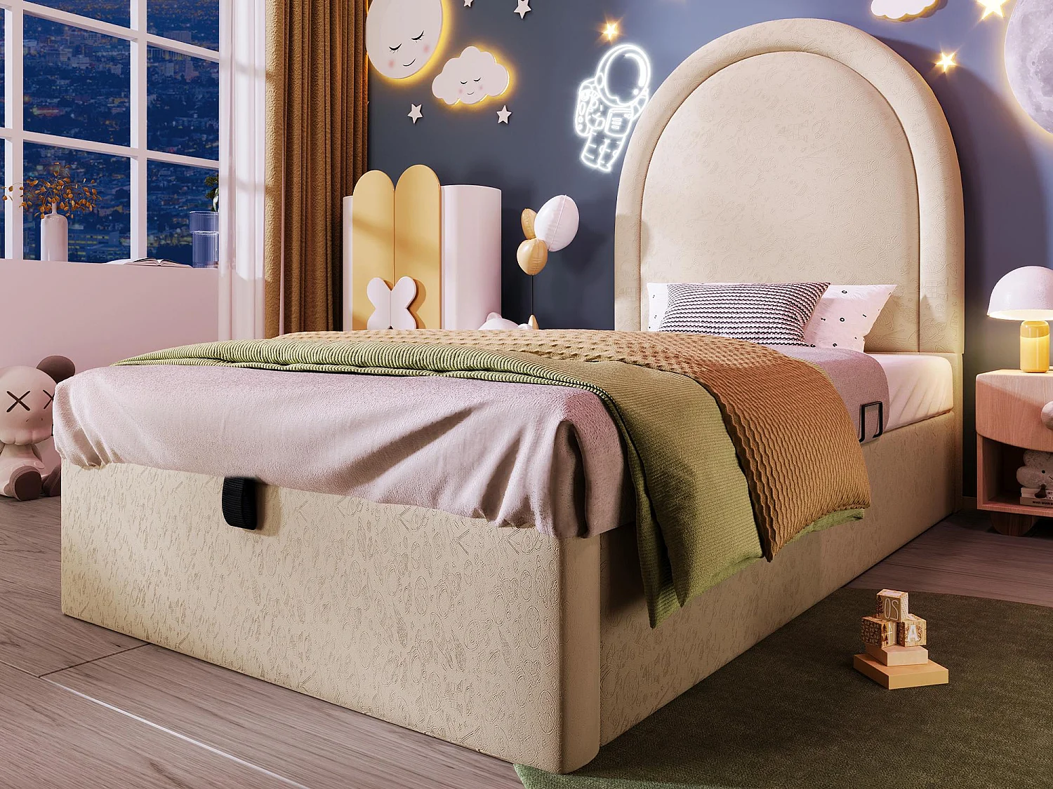 Gemustertes gepolstertes Babybett – 90 x 190 cm – mit Stauraum – Beige