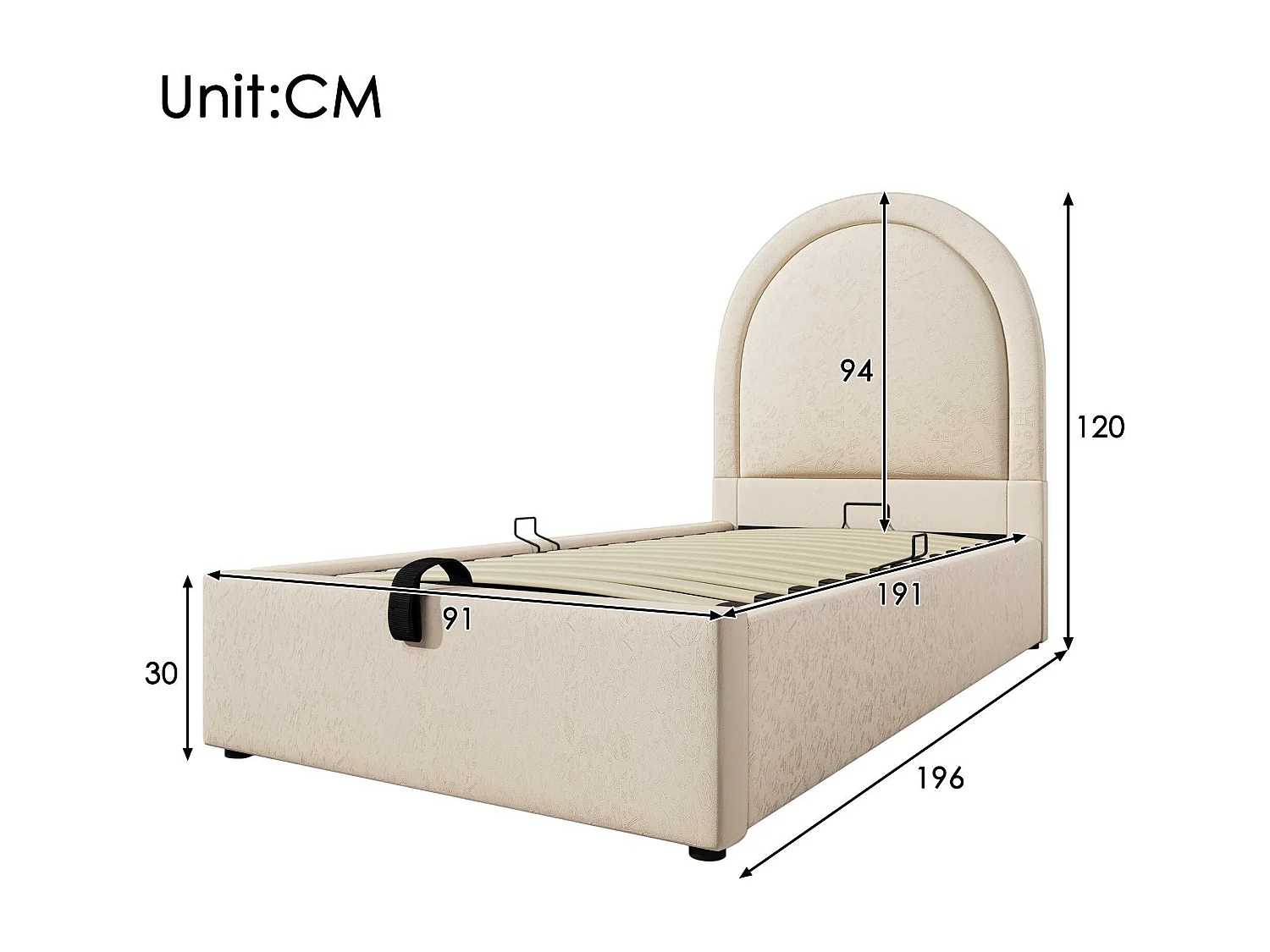 Gemustertes gepolstertes Babybett – 90 x 190 cm – mit Stauraum – Beige
