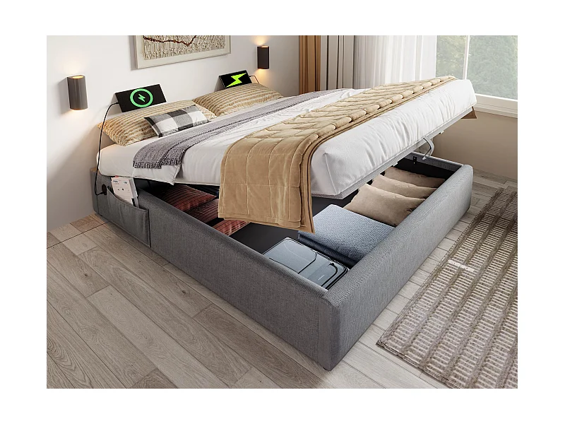 Bettpolsterkommode 160×200 cm – Leinenstoff – mit Akku-Steckdosen und Lattenrostkissen – Grau