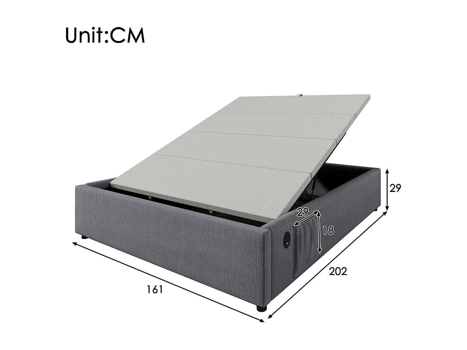 Lit coffre rembourré 160×200cm - tissu en lin - avec prises de recharge et sommier à lattes - Gris