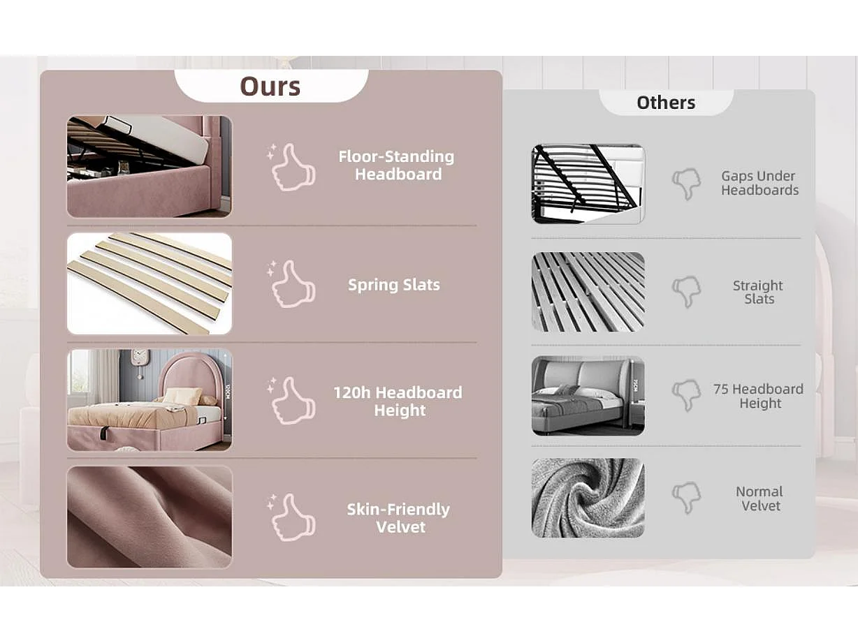 Samtgepolstertes Babybett – 90 x 190 cm – mit Stauraum – Rosa