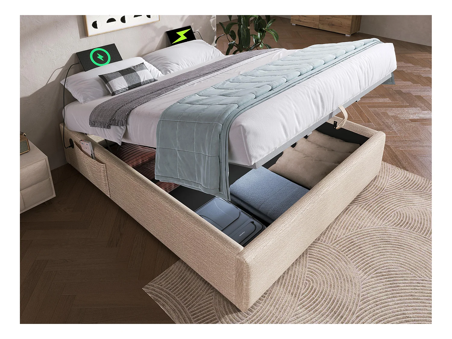 Lit coffre rembourré 140×200cm - tissu en lin - avec prises de recharge et sommier à lattes - Beige