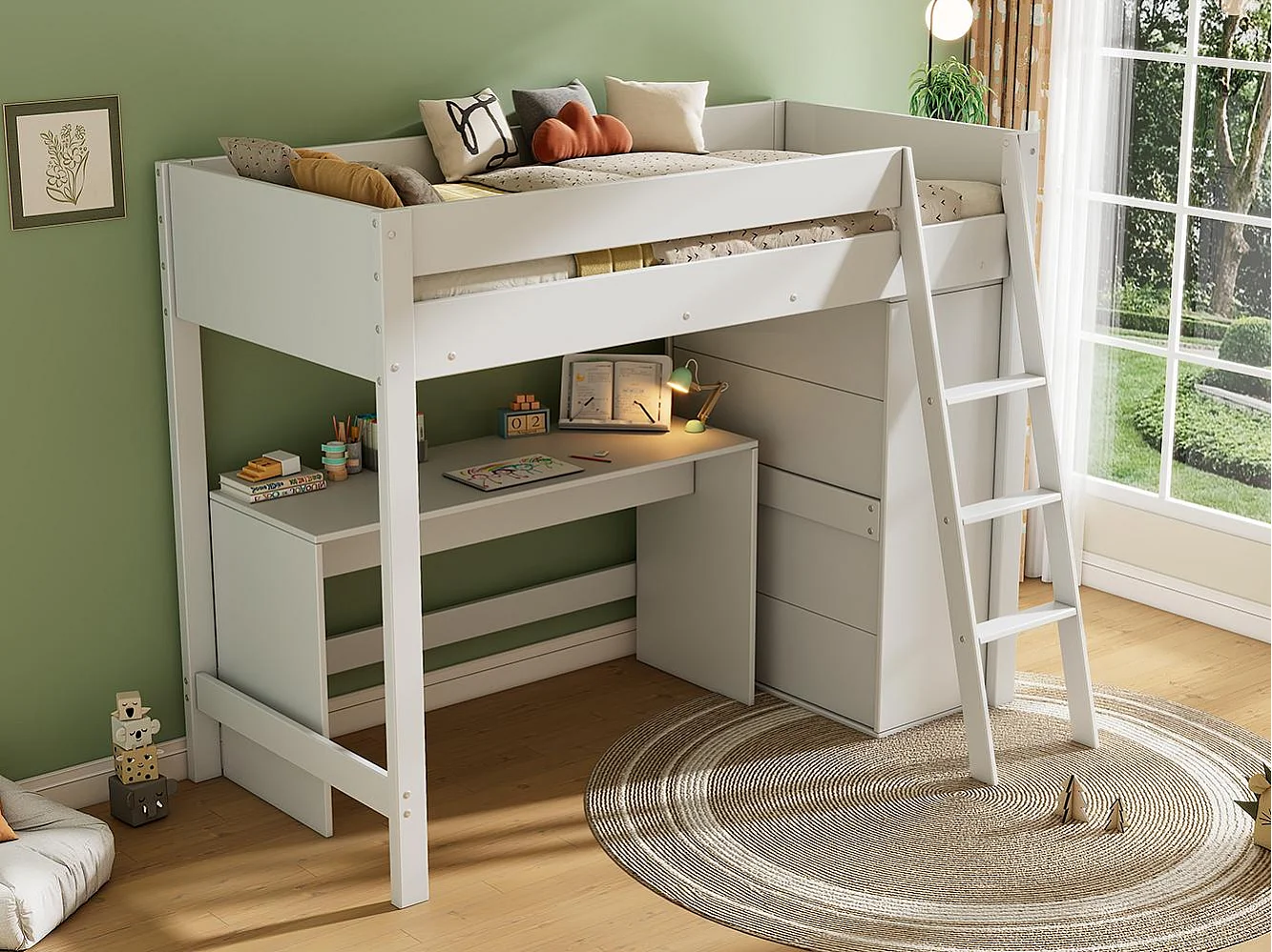 Lit mezzanine 90x200cm en bois - avec bureau et armoire modulable - Blanc