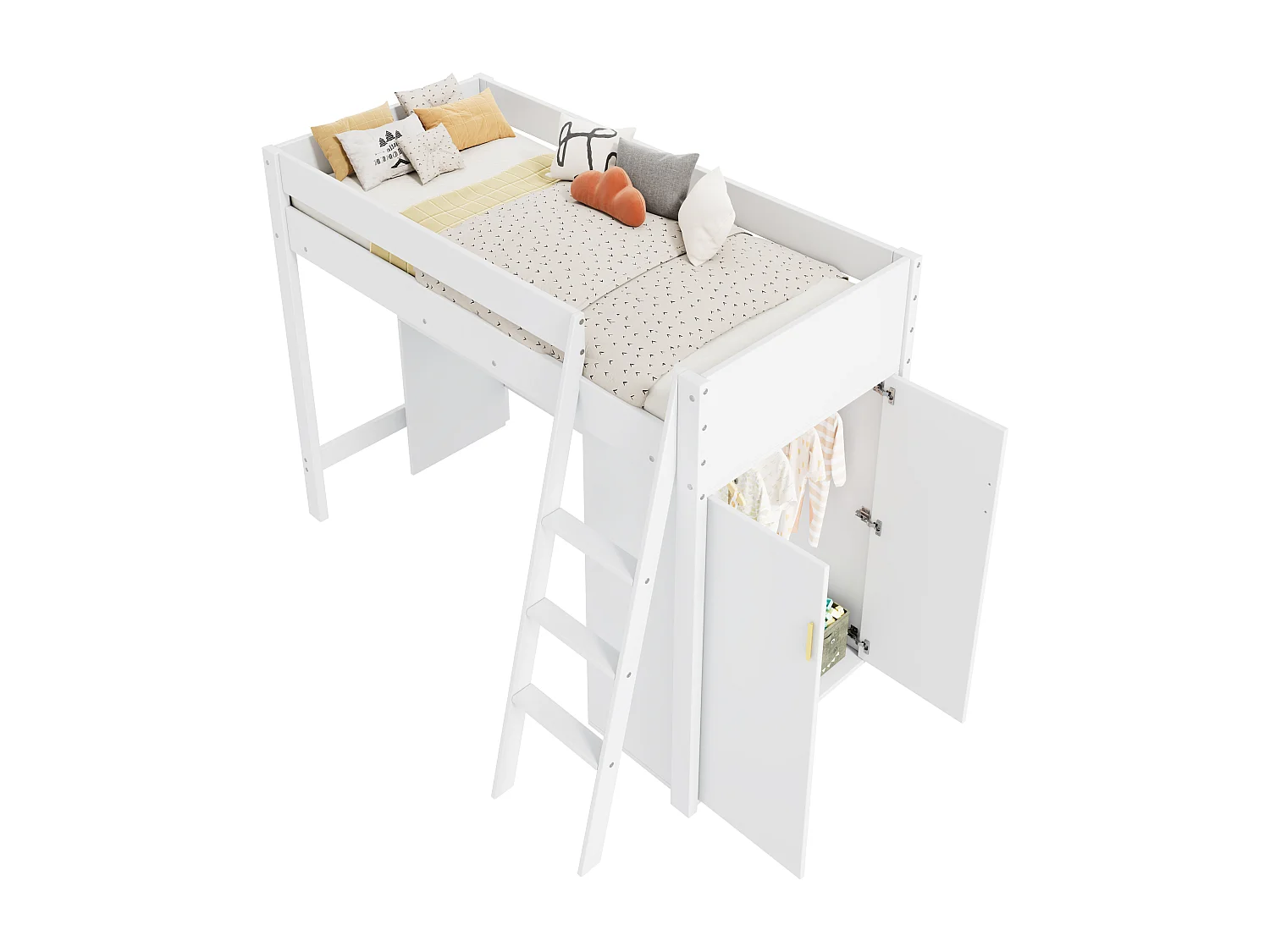 Lit mezzanine 90x200cm en bois - avec bureau et armoire modulable - Blanc