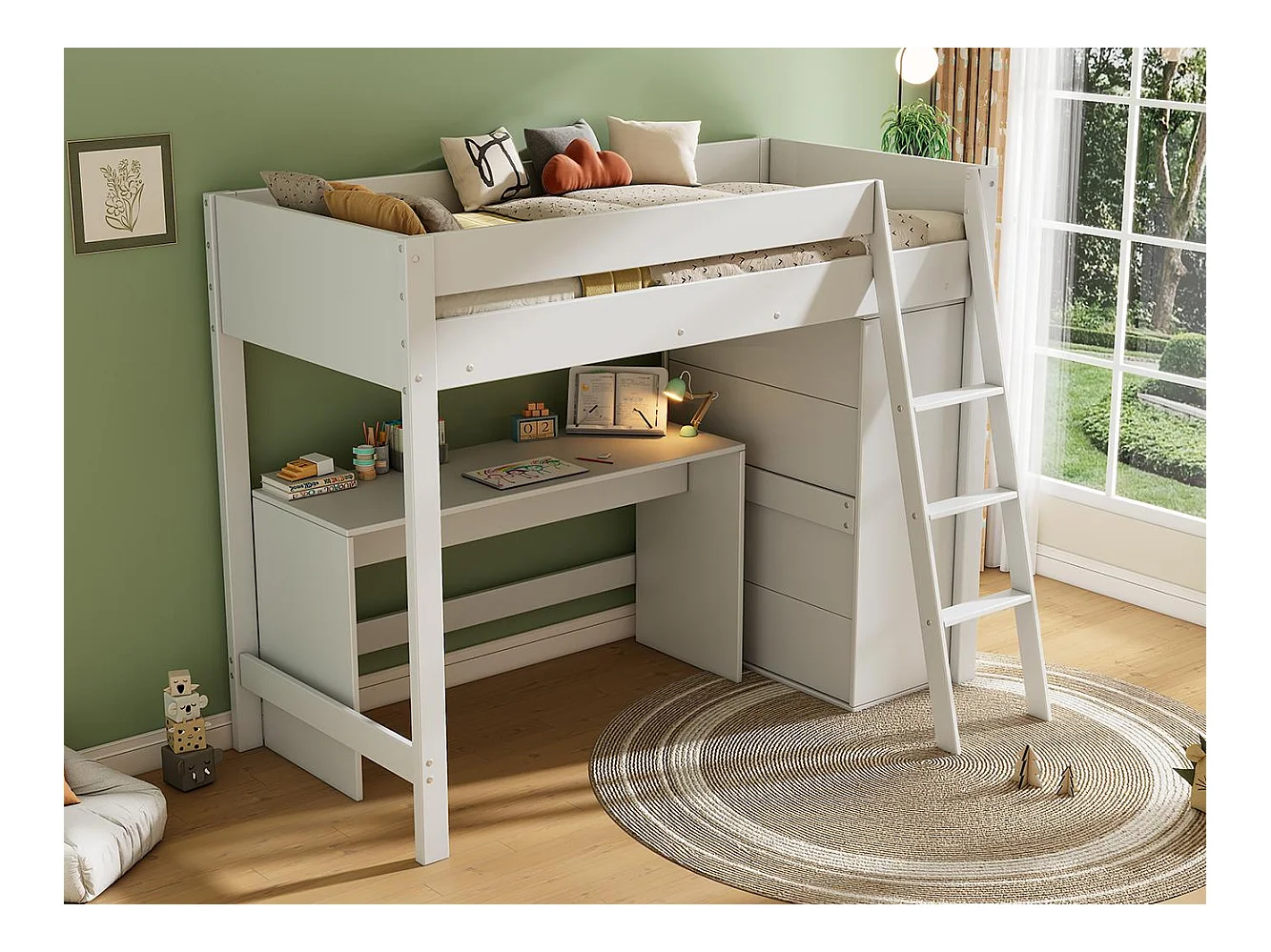 Mezzanine-Bett 90x200cm aus Holz – mit Schreibtisch und modularem Kleiderschrank – Weiß