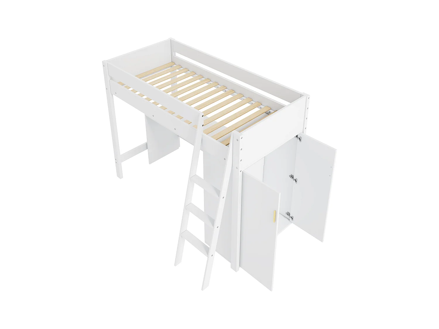 Lit mezzanine 90x200cm en bois - avec bureau et armoire modulable - Blanc