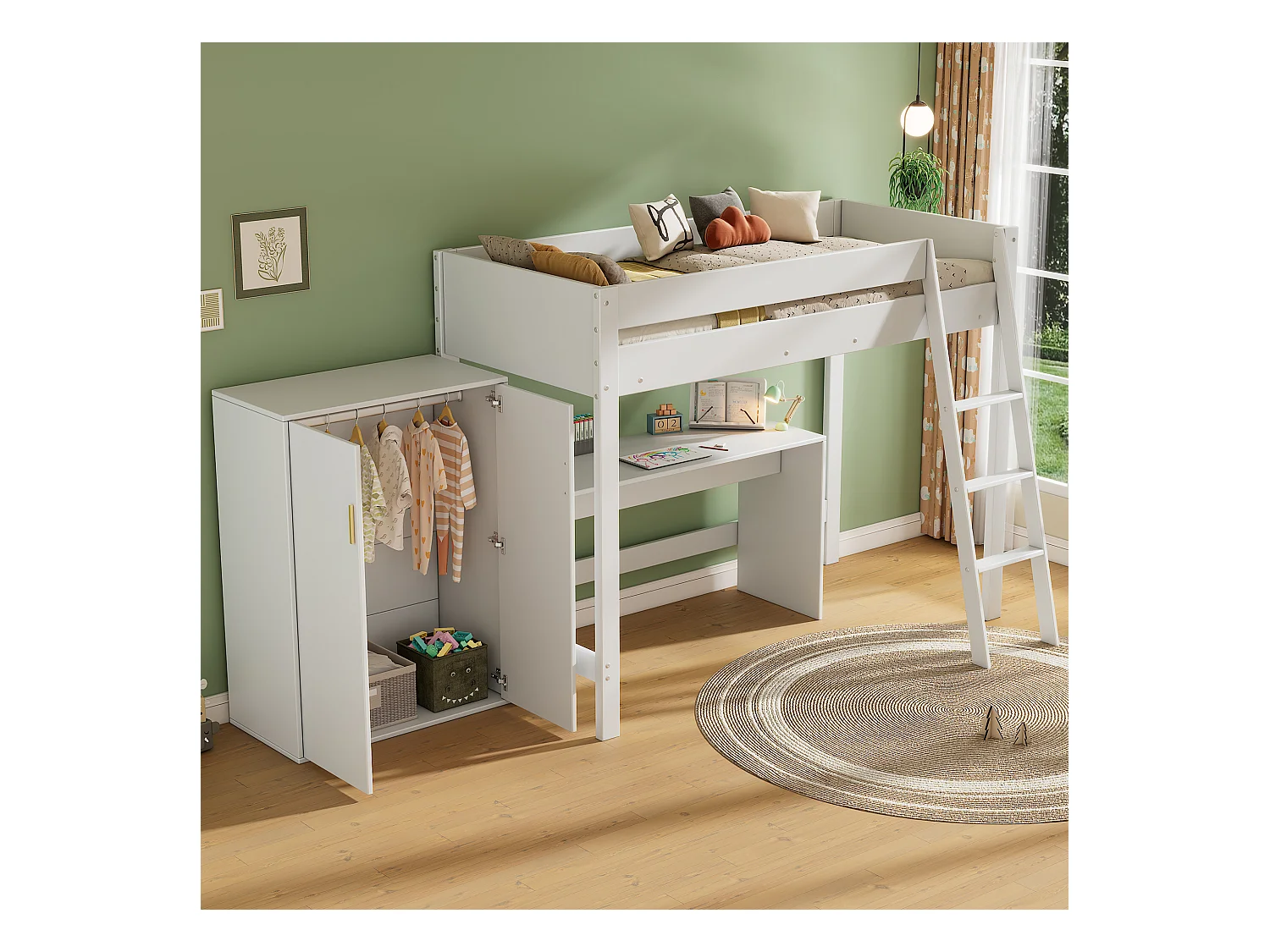 Lit mezzanine 90x200cm en bois - avec bureau et armoire modulable - Blanc