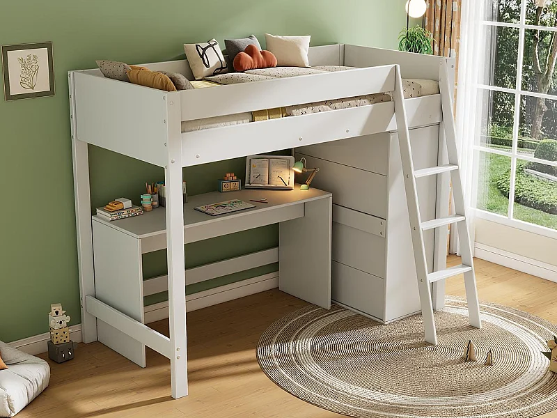 Lit mezzanine 90x200cm en bois - avec bureau et armoire modulable - Blanc