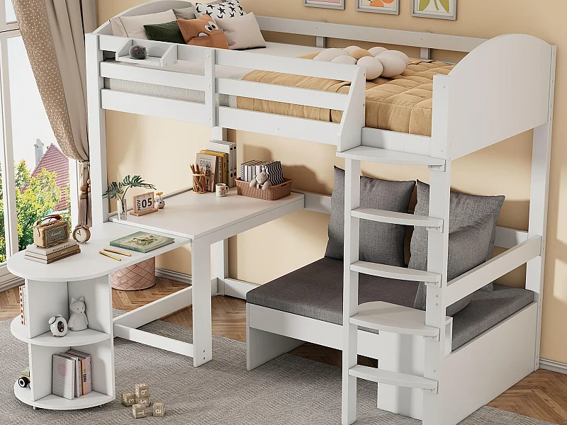 Mezzanine-Bett 90 x 200 cm aus Holz – mit Schreibtisch und Sofa mit Stauraum – Weiß