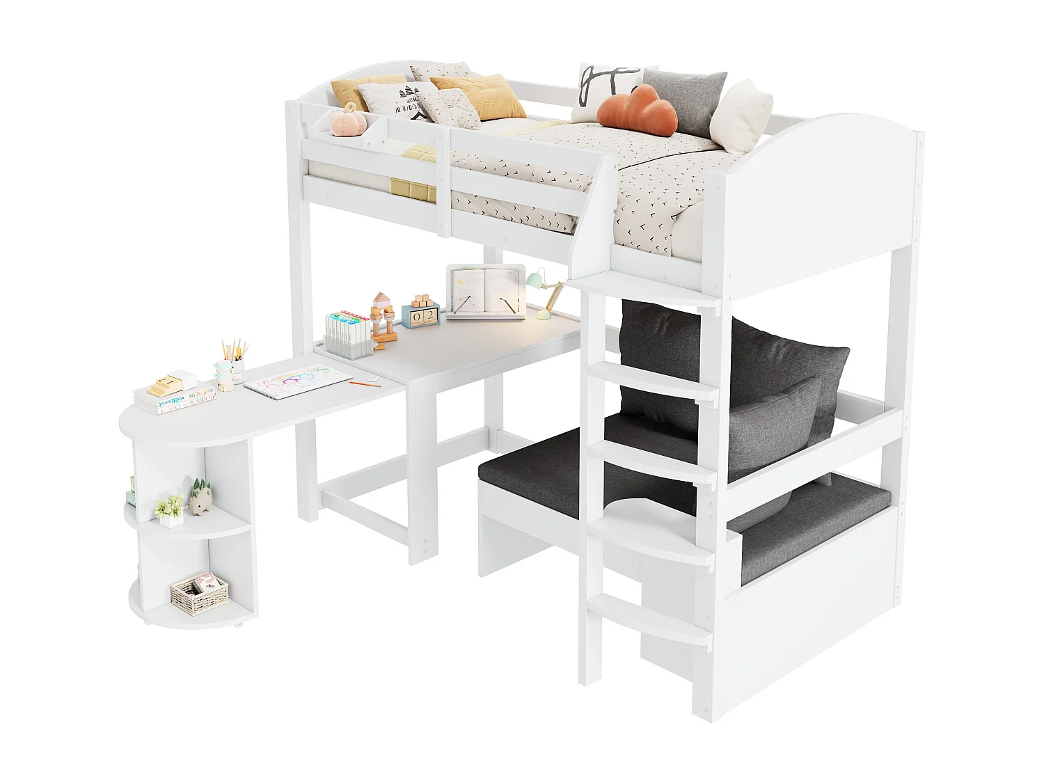 Lit mezzanine 90x200cm en bois - avec bureau et canapé de rangement - Blanc