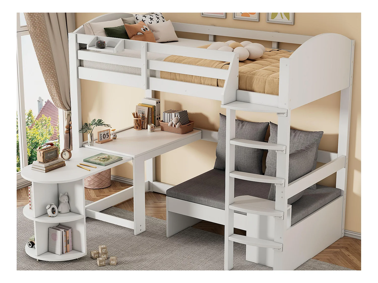Lit mezzanine 90x200cm en bois - avec bureau et canapé de rangement - Blanc