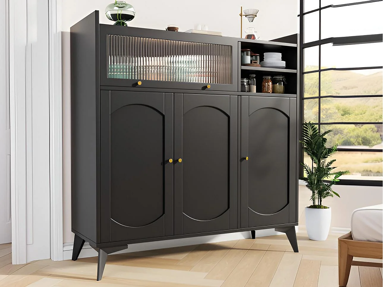 Modernes Buffet - Aus MDF - Mit 3 Türen und 3 Fächern - Schwarz