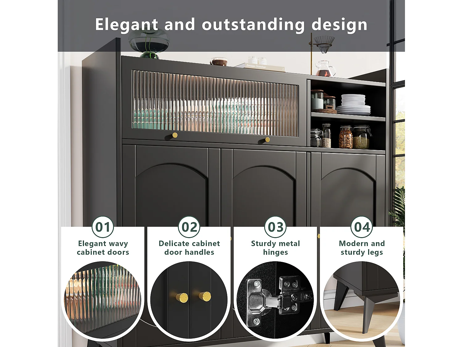 Modernes Buffet - Aus MDF - Mit 3 Türen und 3 Fächern - Schwarz