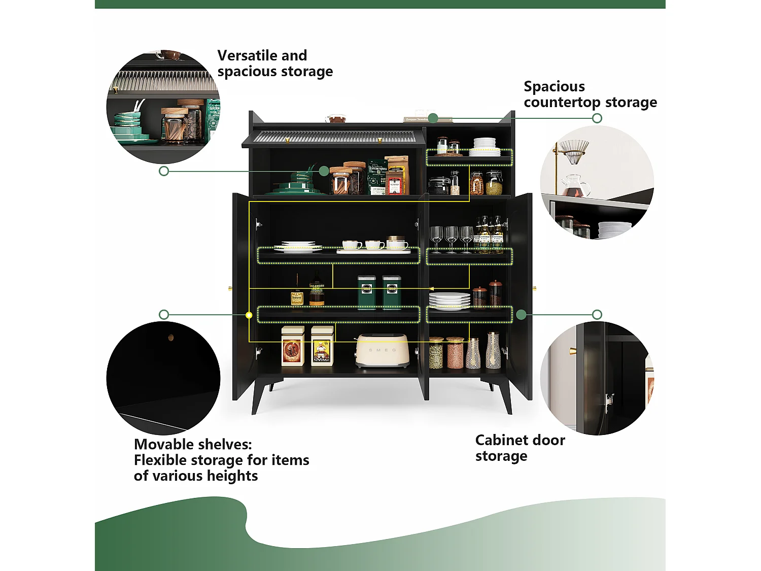 Modernes Buffet - Aus MDF - Mit 3 Türen und 3 Fächern - Schwarz