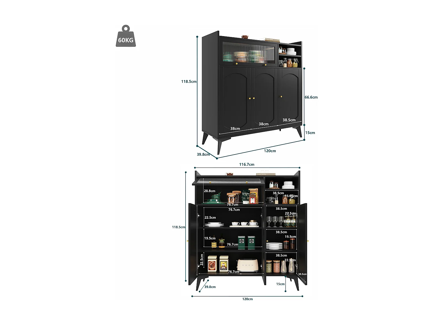 Modernes Buffet - Aus MDF - Mit 3 Türen und 3 Fächern - Schwarz