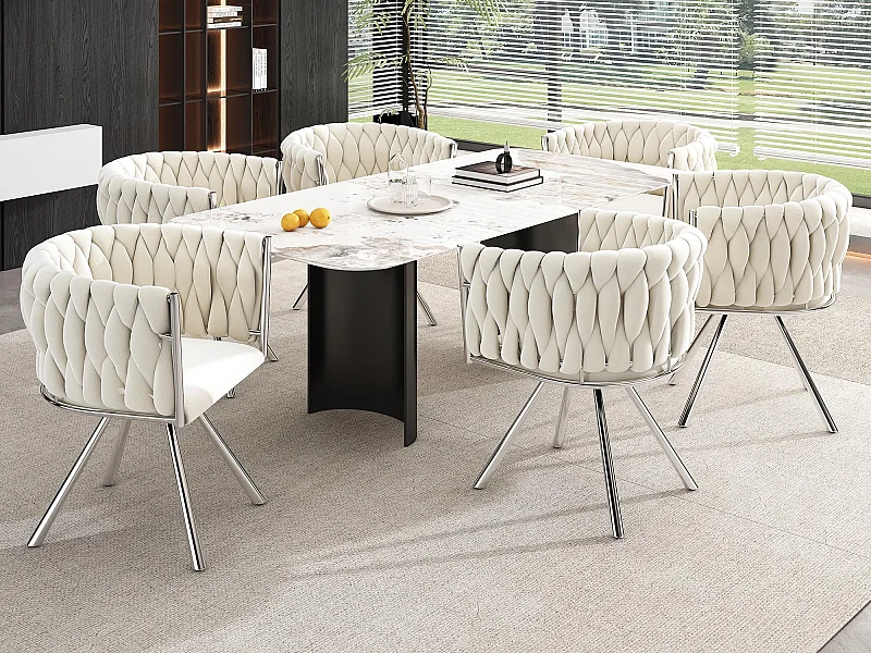 Juego de 6 sillas giratorias de terciopelo con reposabrazos - patas de metal plateado - Beige