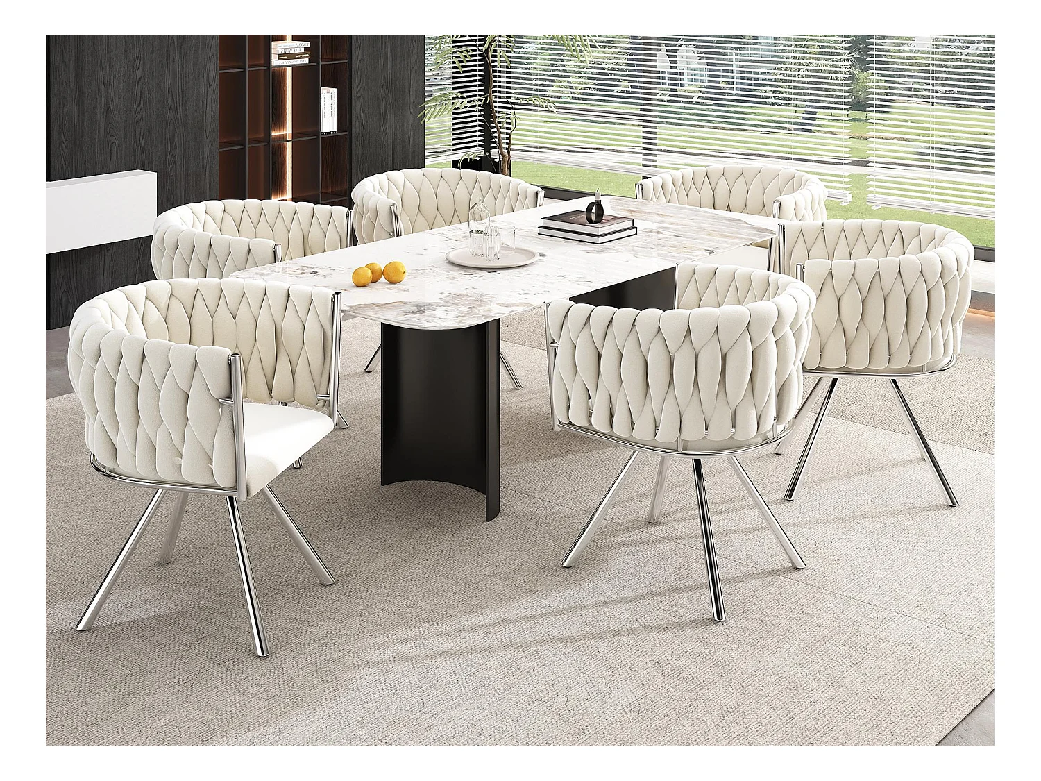 Set van 6 fluwelen draaistoelen met armleuningen - zilveren metalen poten - Beige