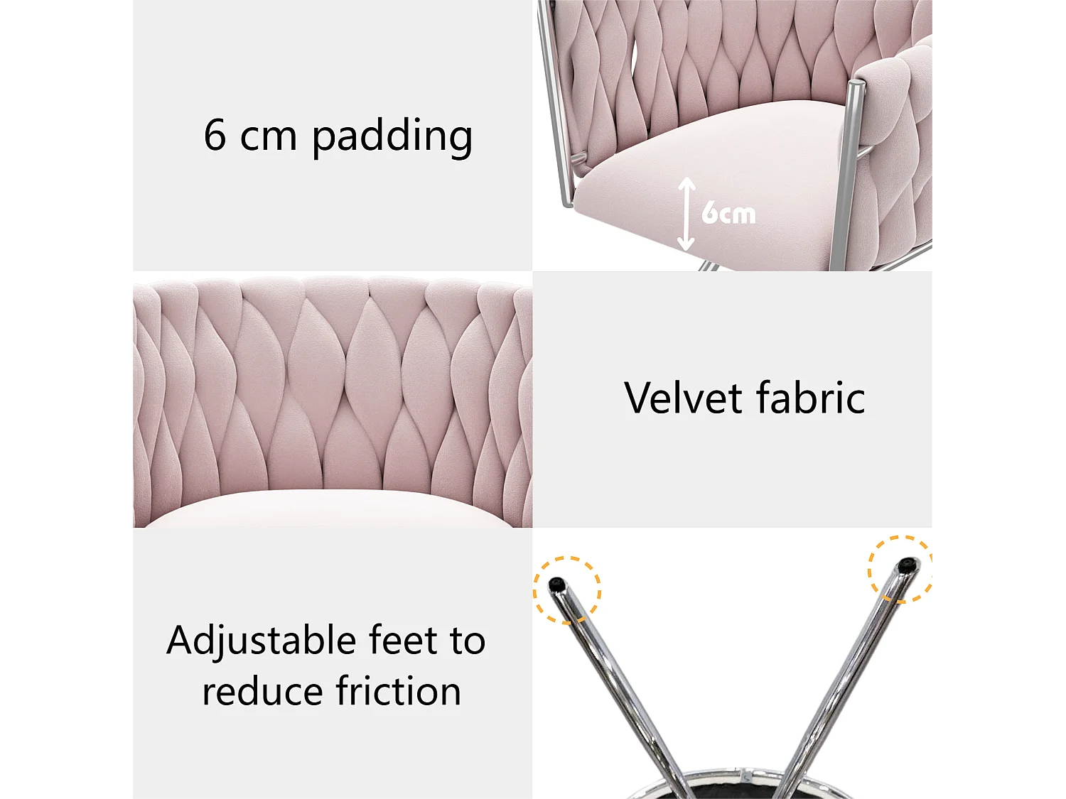 Cadeira giratória em veludo com braços - pernas em metal prateado - Rosa