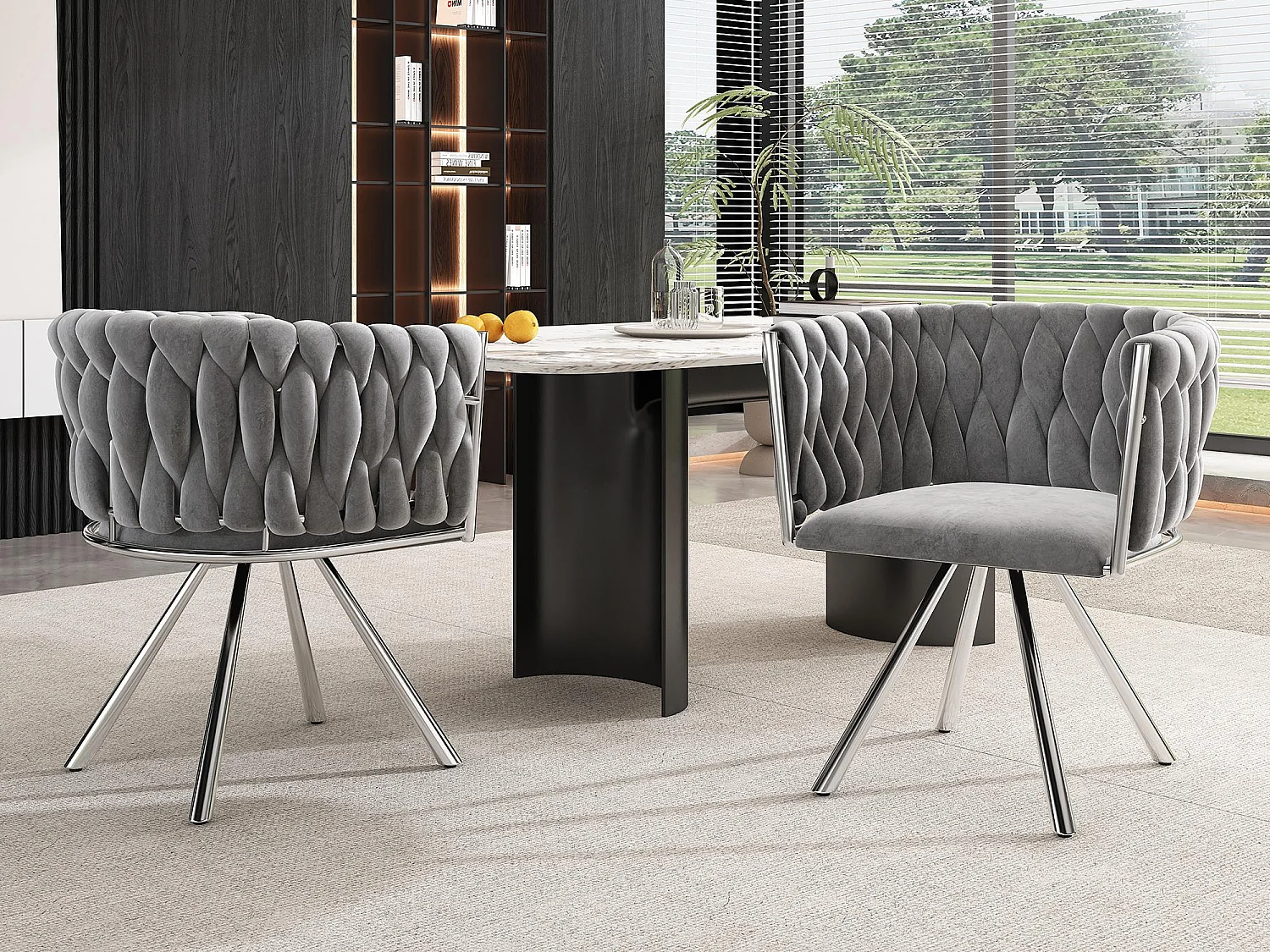 Lot de 2 chaises pivotantes en velours avec accoudoirs - pieds en métal argenté - Gris