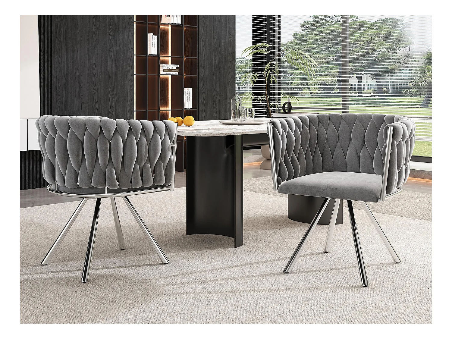Lot de 2 chaises pivotantes en velours avec accoudoirs - pieds en métal argenté - Gris