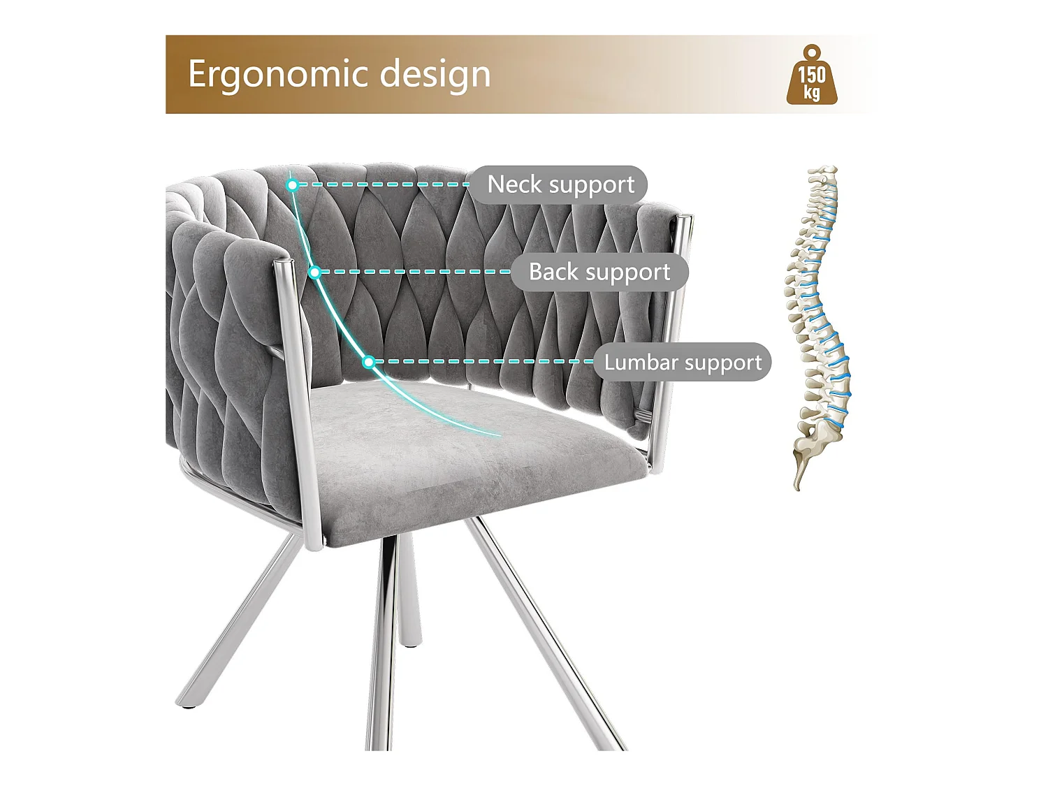Lot de 6 chaises pivotantes en velours avec accoudoirs - pieds en métal argenté - Gris