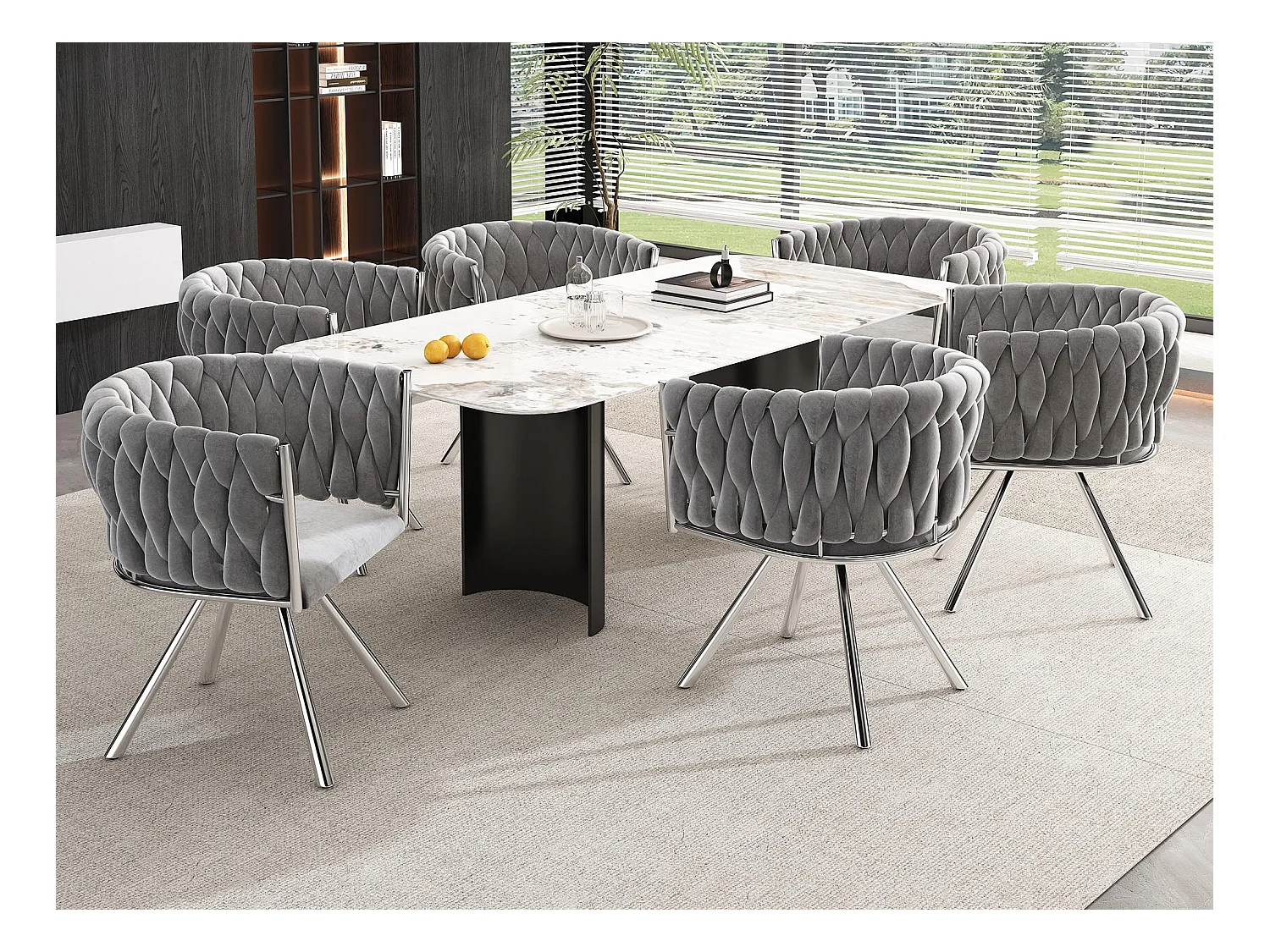 Lot de 6 chaises pivotantes en velours avec accoudoirs - pieds en métal argenté - Gris