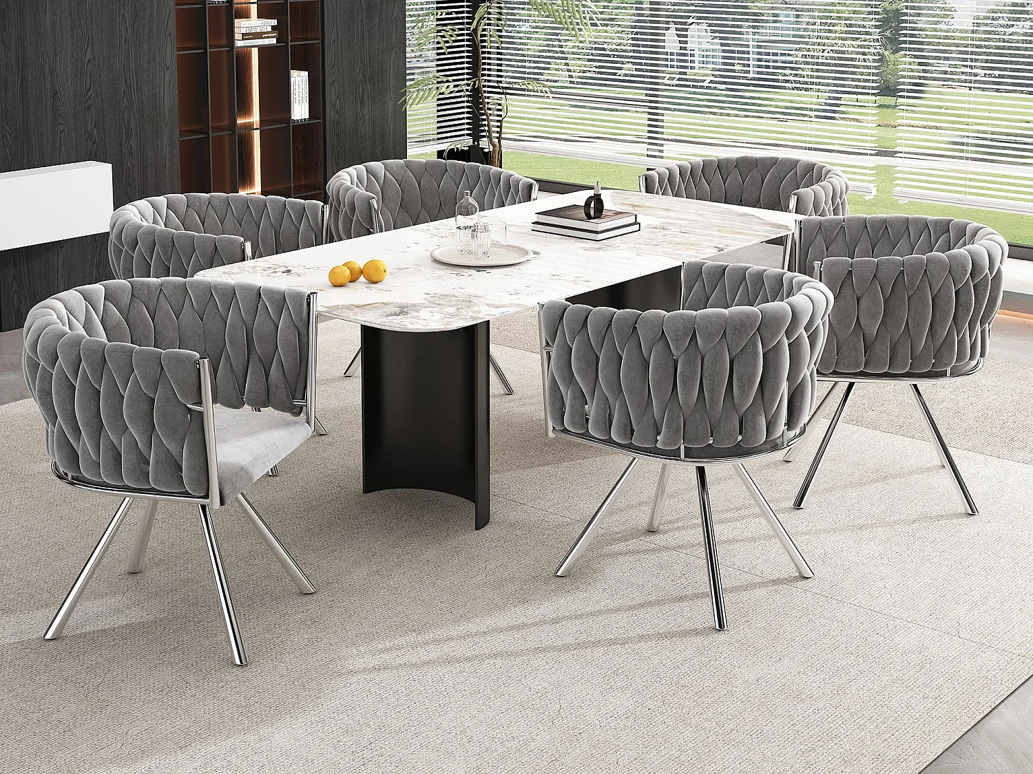 Lot de 6 chaises pivotantes en velours avec accoudoirs - pieds en métal argenté - Gris