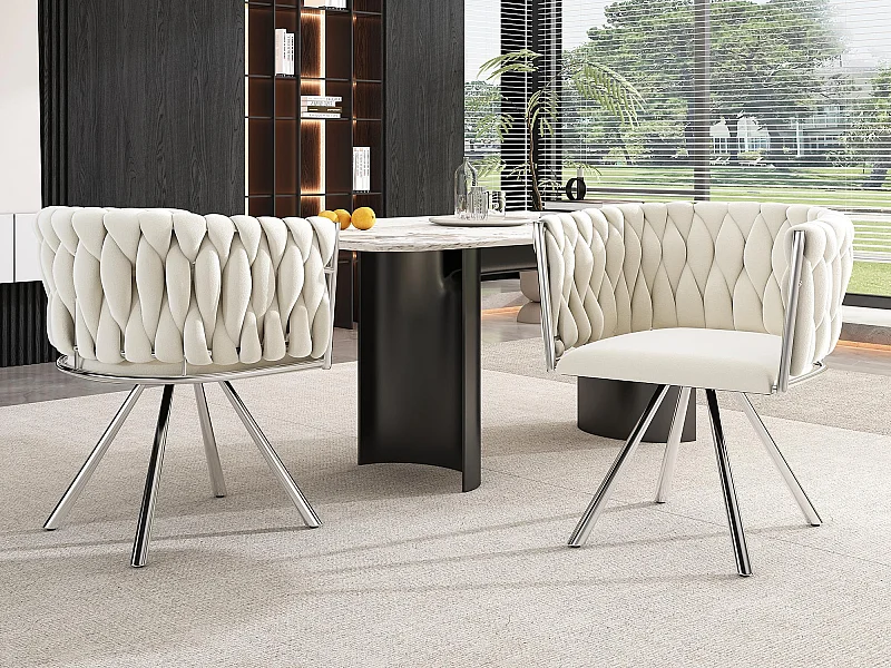 Conjunto de 2 cadeiras giratórias em veludo com braços - pernas em metal prateado - Bege