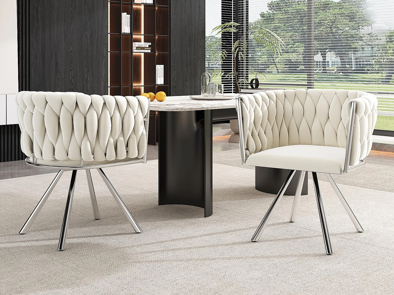 Lot de 2 chaises pivotantes en velours avec accoudoirs - pieds en métal argenté - Beige