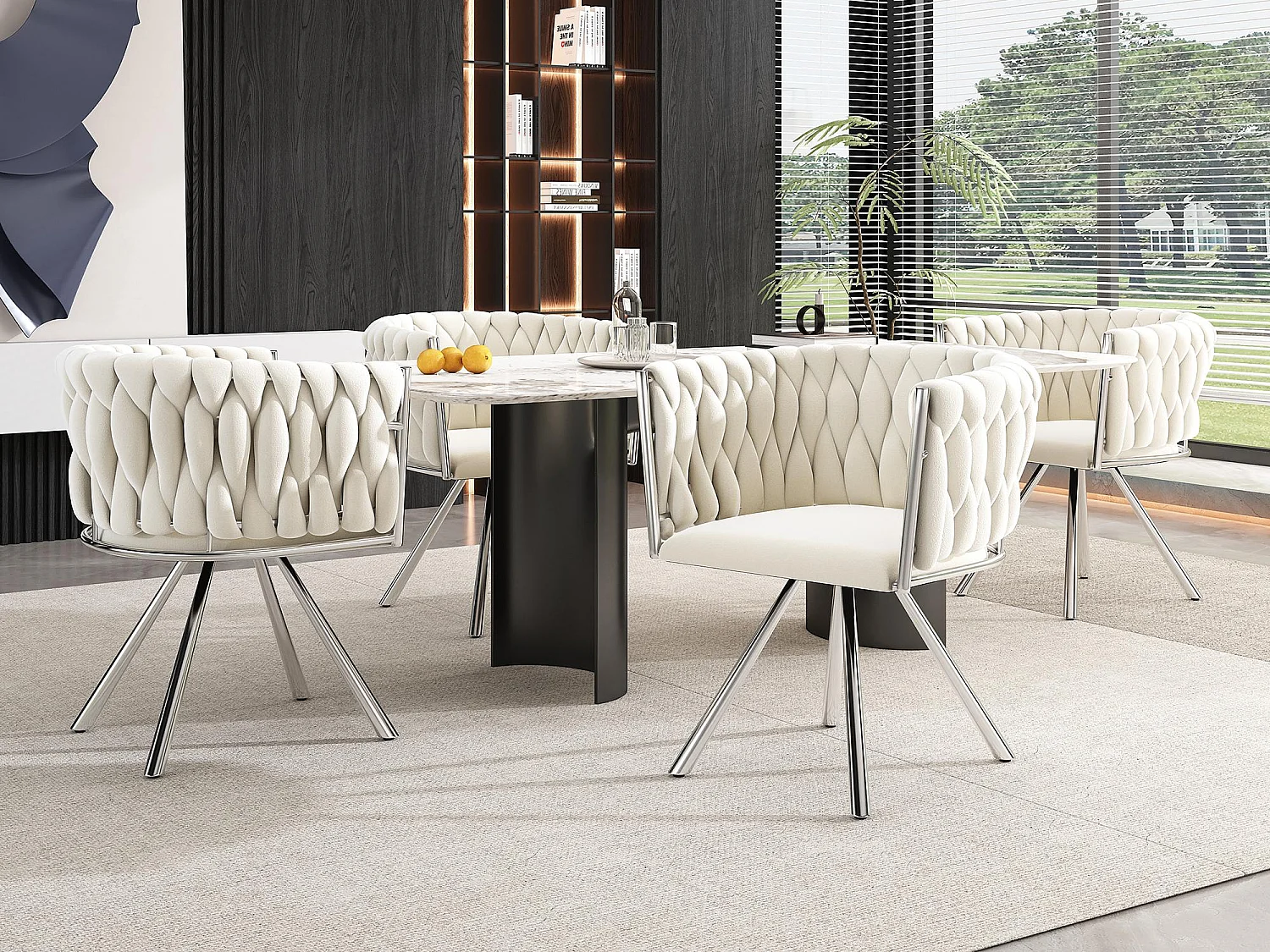 Lot de 4 chaises pivotantes en velours avec accoudoirs - pieds en métal argenté - Beige