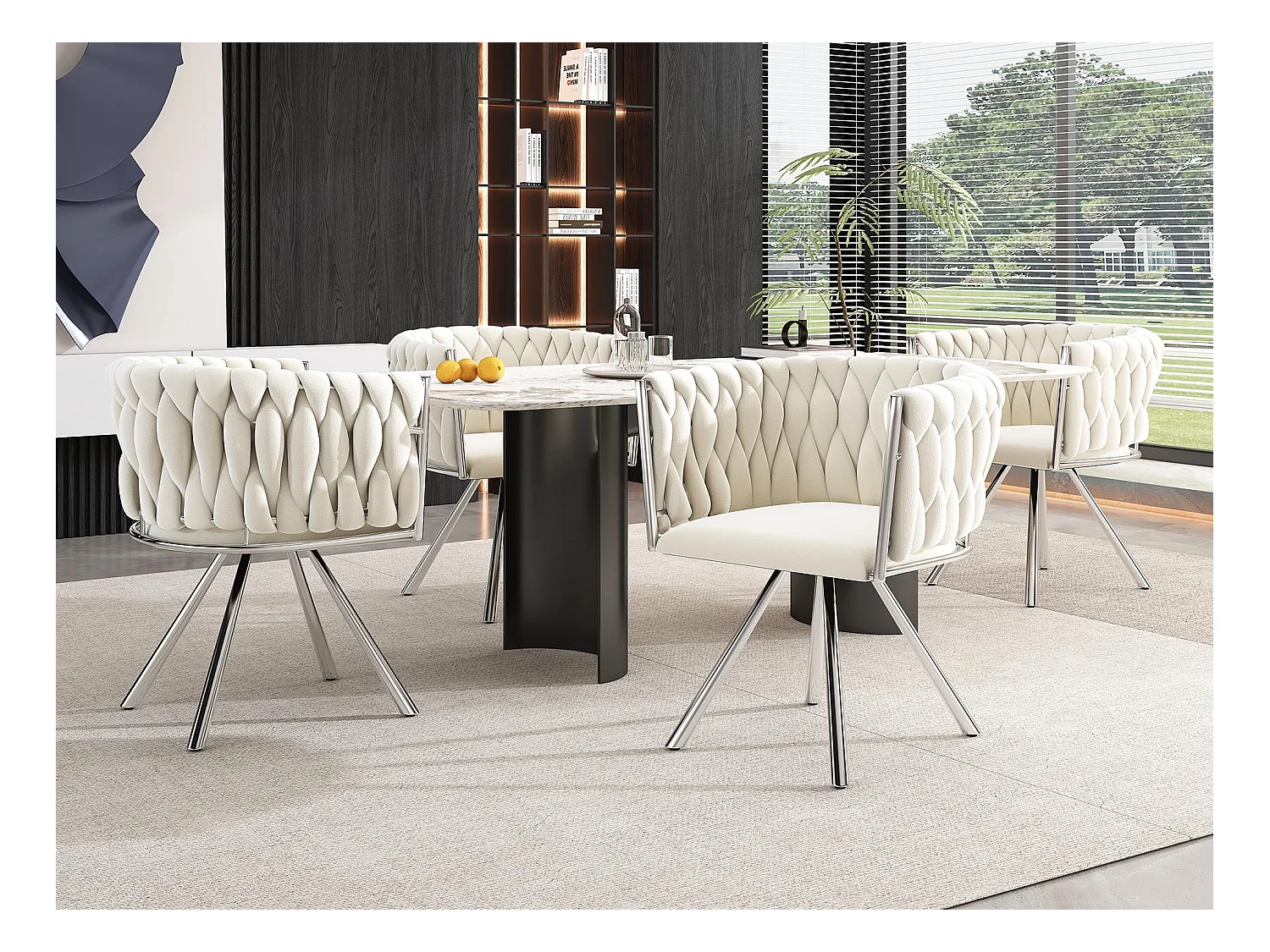 Lot de 4 chaises pivotantes en velours avec accoudoirs - pieds en métal argenté - Beige