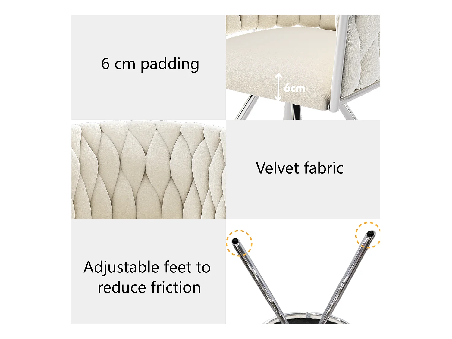 Lot de 4 chaises pivotantes en velours avec accoudoirs - pieds en métal argenté - Beige