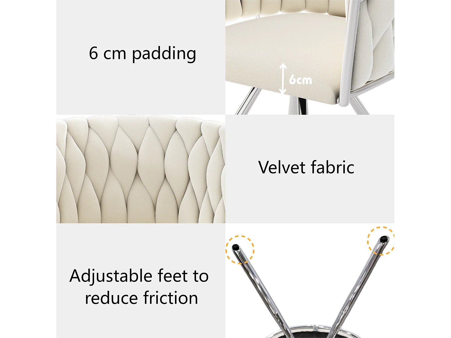 Set mit 4 Drehstühlen aus Samt mit Armlehnen – Beine aus silbernem Metall – Beige